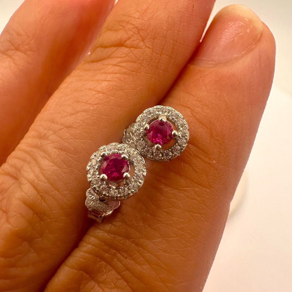 3mm lab created‎ ruby, cz halo diamonds, stamped .925 stud earrings!